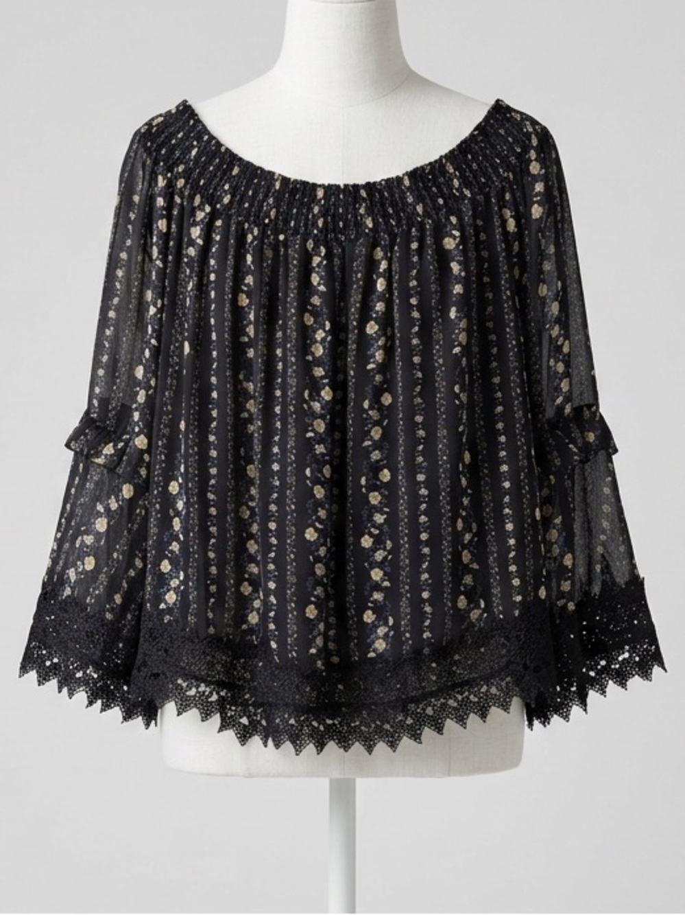 Moon River Black Dainty Floral Off the Shoulder Chiffon Lace Trim Top Size Large